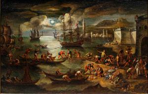 18th-century Venetian School, Seascape with fishermen at dawn